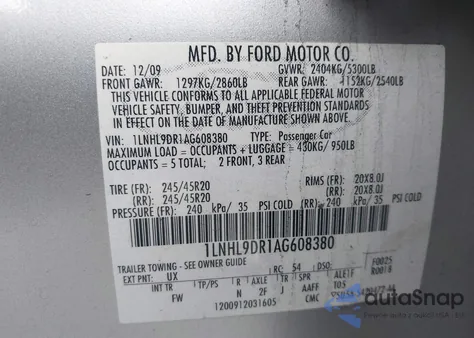 2010 Lincoln Mks z USA, uszkodzony, nr VIN 1LNHL9DR1AG608380